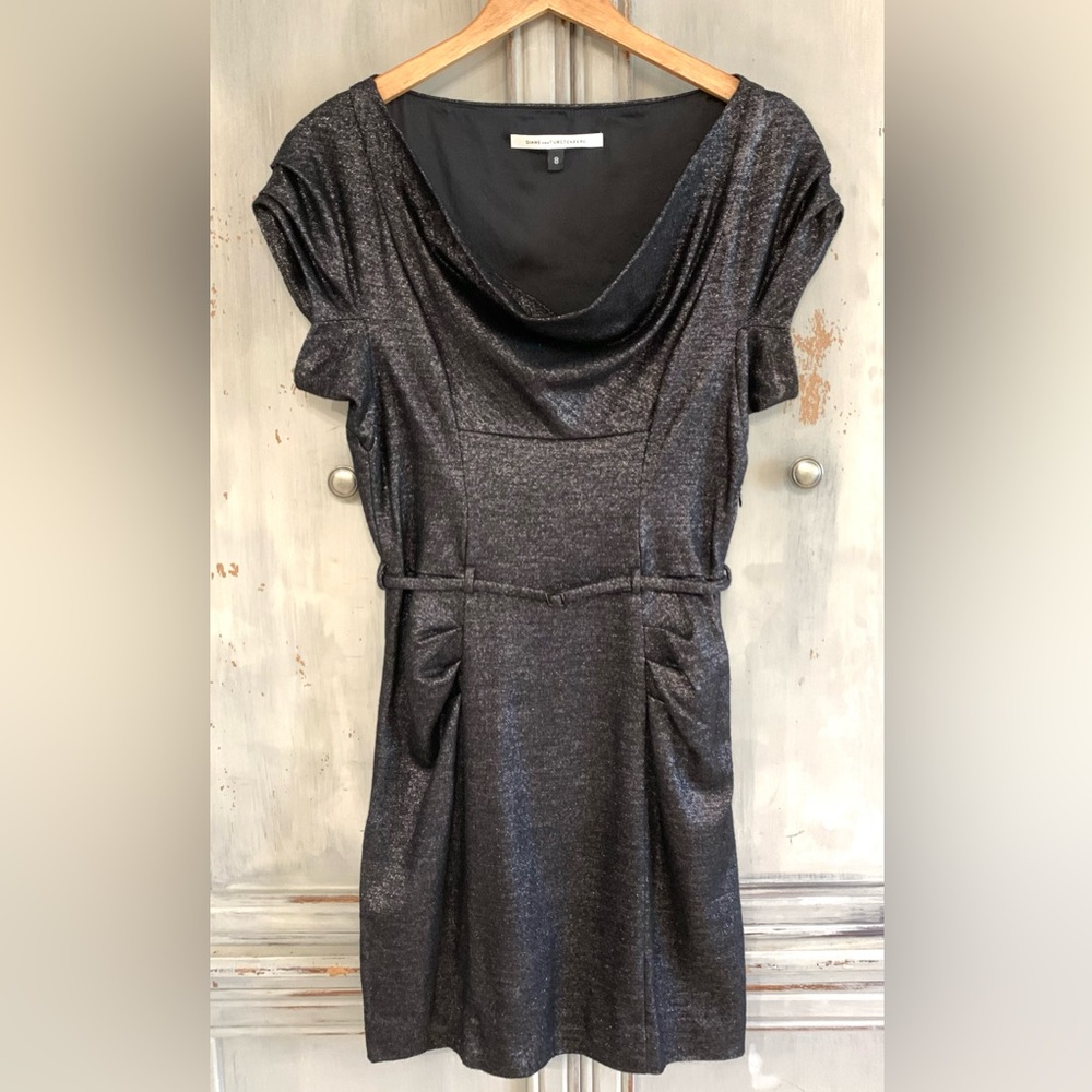 DVF Diane Von Furstenberg Black Glimmer Drape Neck Dress Sz 8